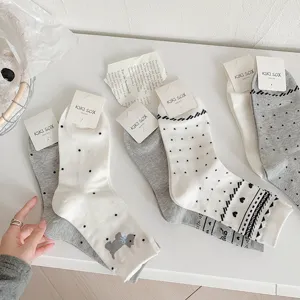 Cute polka dot cotton mid-calf socks for women, Korean style casual cozy daily wear socks.