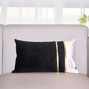 Detail shot of modern velvet lumbar pillow cover featuring black white color block and gold stripes.