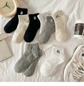 Cute panda embroidered cotton short socks for women, comfortable and breathable.