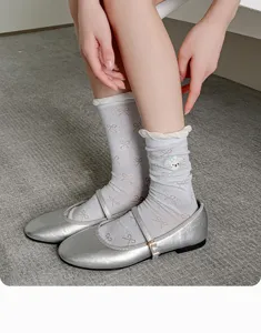 Women's summer thin mesh crew socks with cute bow prints, delicate embroidery and ruffle cuffs.