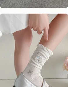 Summer thin breathable mesh slouch socks with cute puppy embroidery and sweet bows for women.