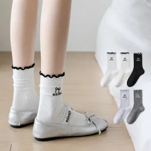 Calze a Metà Polpaccio Casual Tinta Unita Fiocco Ricamato Bordo Volant Cotone Sottile Primavera Estate per Donna