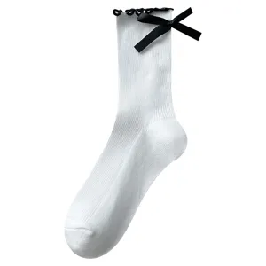 Calze bianche donna tubo medio carino fiocco nero bordo pizzo cotone traspirante comode calze
