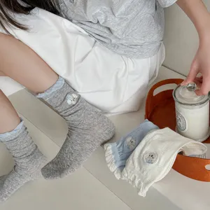 Women Cute Puppy Embroidery Ruffle Cuff Crew Socks Summer Thin Breathable Cotton Slouch Socks Sweet Casual Daily
