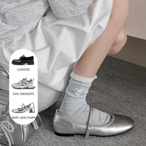 Women summer thin slouchy socks pure cotton breathable mesh embroidered mid-tube cute