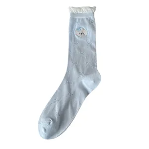 Women summer thin mid-calf socks cute puppy embroidery lace ruffle breathable cotton socks