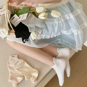 Women Cute Bowknot Cotton Short Socks Japanese Sweet Style Breathable Ankle Socks Casual Solid Color Hosiery