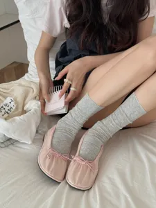 Korean style solid color thin ribbed crew socks for women, breathable summer stack socks.