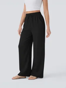 High waist drawstring wide leg casual linen pants for women, stylish beach trousers with pockets.