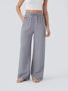 High-waist drawstring wide leg casual pants for women, loose flowing beach trousers with pockets.