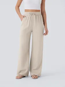 High-waist casual wide-leg linen pants with drawstring and pockets for women stylish summer wear.