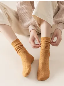 Close up view of cozy mustard yellow knit slouch socks worn by model, soft autumn winter daily wear.