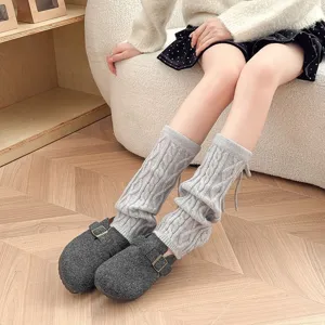 Calentadores de punto grises para mujer, calcetines largos de invierno, estilo japonés.