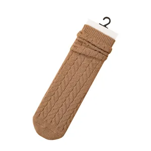 Women thick knit slouch long socks, brown winter warm over-the-knee socks with hook.