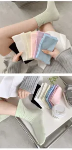 Detailed view of soft cotton stacking socks in multiple pastel colors, comfortable fit.