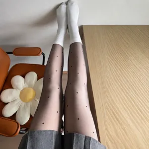 Detail shot of fleece-lined sheer polka dot tights showing semi-transparent texture.