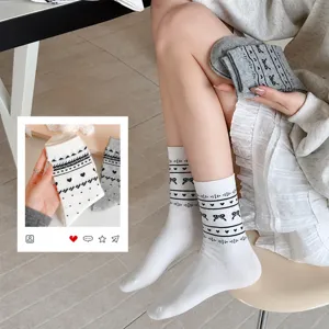 Women cotton mid-tube socks cute korean style heart bow pattern casual long socks