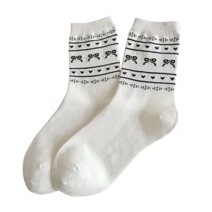 Cute white women socks with black bow heart knit pattern korean style sweet cotton casual socks