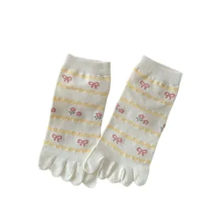 Women Cute Five Finger Socks Sweet Bow Cherry Heart Embroidered Combed Cotton Split Toe Crew Socks Casual Daily
