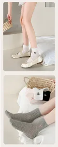 Women's summer mesh mid-calf socks with cute bow embroidery, breathable and lightweight daily wear.