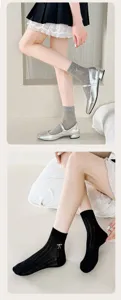 Women summer mid-tube socks ballet style cute bow embroidery breathable mesh thin socks