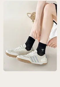 Women summer mid-tube mesh socks cute bow embroidery breathable cotton sheer socks