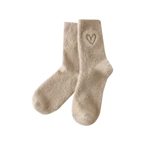 Women fuzzy winter mid tube socks cute brown embroidered heart plush warm casual home floor socks