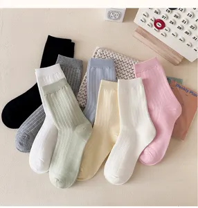 Calcetines de tubo medio acanalados color liso mujer moda verano finos casuales transpirables