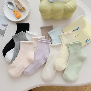 Women Casual Solid Color Mid-Calf Socks Spring Summer Breathable Cotton Crew Socks Basic Daily Wear Hosiery