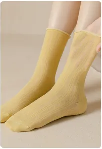 Women summer thin solid color mesh breathable mid tube socks comfortable soft long socks