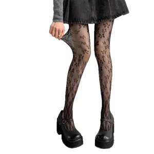 Donna eleganti collant a rete floreali vintage dolce lolita jk collant cavi neri chic