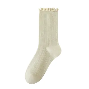 Women Summer Thin Mesh Breathable Sweat-Absorbing Lettuce Edge Crew Socks Solid Color Ins Trend Casual Mid-Tube Socks