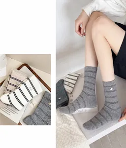 Women Casual Striped Mid Calf Cotton Socks Cute Lace Ruffle Stacked Ins Trendy Long Socks Comfortable Breathable Daily Wear