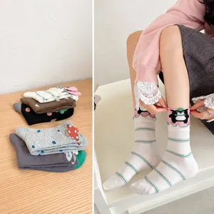 Women's Casual Cotton Blend Crew Socks Cute Cartoon Animal Pattern Ruffle Trim Comfortable Breathable Daily Hosiery
