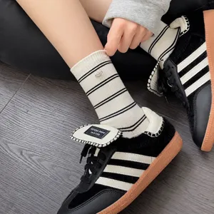 Cute striped mid-calf socks for women spring autumn vintage casual cotton hosiery