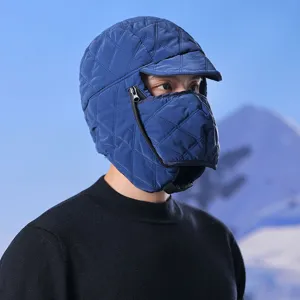 Winter warm trapper hat for men and women windproof quilted bomber hat with face mask.