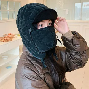 Unisex Winter Quilted Bomber Hat Windproof Trapper Cap with Face Mask for Outdoor Cycling Skiing