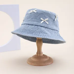 Sweet blue denim bucket hat for women with cute white bow decor, spring summer sun hat.