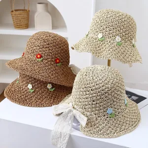 Sombrero de paja mujer verano playa vacaciones ala ancha flores encaje cinta sombrero