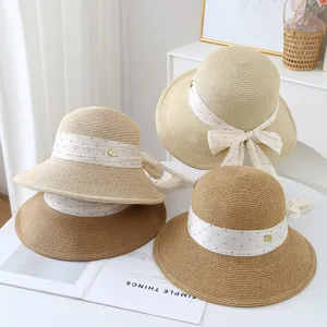 Dames zomer strohoed met stippen lint strik grote rand strand zonnehoed mode hoedjes