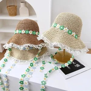 Sombrero de paja para mujer, ala ancha con encaje y bonita cinta de margaritas para la playa.