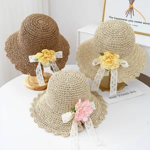 Sombrero de paja de verano para mujer ala ancha playa vacaciones con cinta de encaje floral
