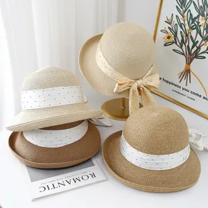 Women summer straw sun hat with polka dot ribbon bow large brim beach vacation woven hat