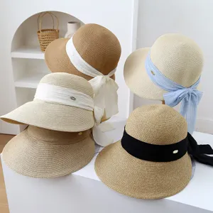 Zomerse strohoed voor dames met brede rand en strik, Koreaanse stijl strandzonnehoed