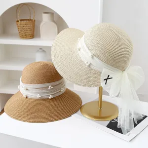 Women summer beach straw hat with pearl lace ribbon bow, wide brim sun protection sun hat.