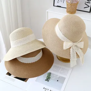 Women's summer straw hat with lace ribbon bow, elegant large brim beach sun protection hat.