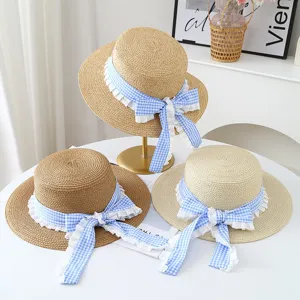 Women summer straw hat sweet flat top sun hat beach vacation anti-uv wide brim hat