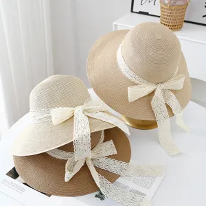 Women summer beach sun hat lace ribbon bow large brim straw hat casual sun protection