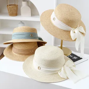 Women summer straw hat set with elegant ribbon bow and metal ring, wide brim beach sun hat.