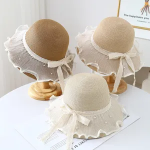 Summer straw hat for women, elegant lace ribbon bow beach sun hat with pearls, large brim.